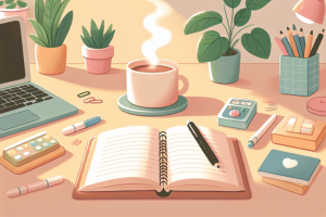 Illustration d'un espace de travail chaleureux avec carnet ouvert, café fumant et fournitures de bureau dans une ambiance cosy - Bienvenue sur le blog d'Admin'Up