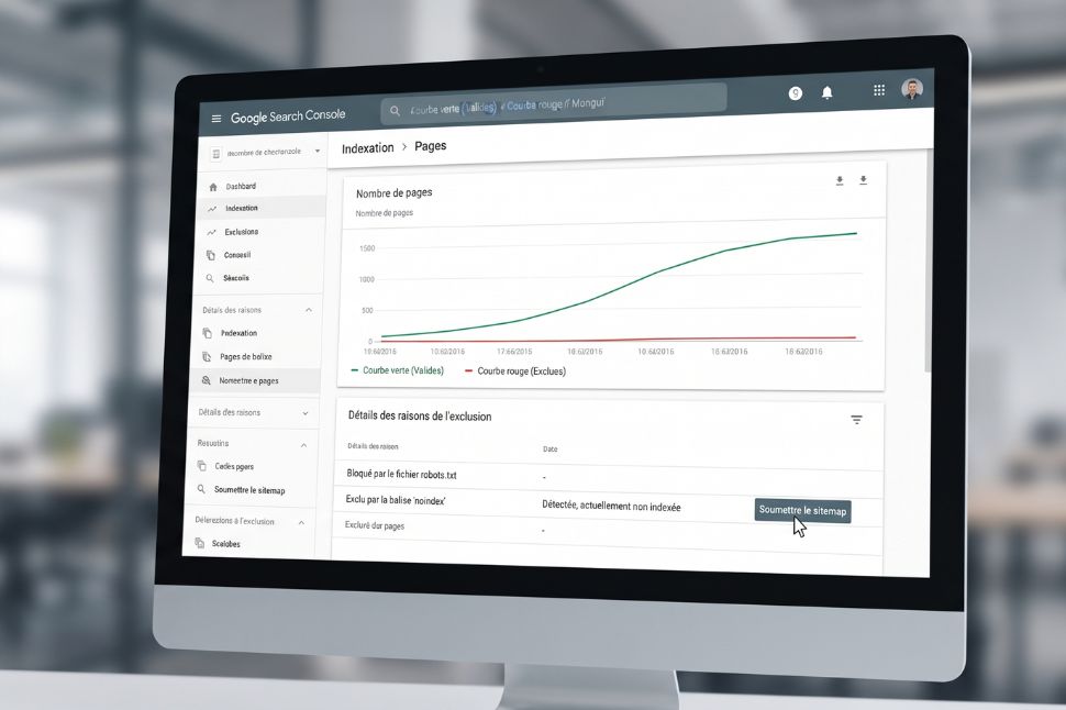 Capture d'écran de la Google Search Console montrant un rapport d'indexation avec les motifs d'exclusion en français (noindex, robots.txt).