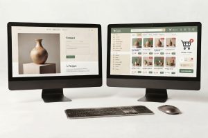 Deux écrans côte à côte affichant un site vitrine avec formulaire de contact et une boutique en ligne avec catalogue de produits et panier.