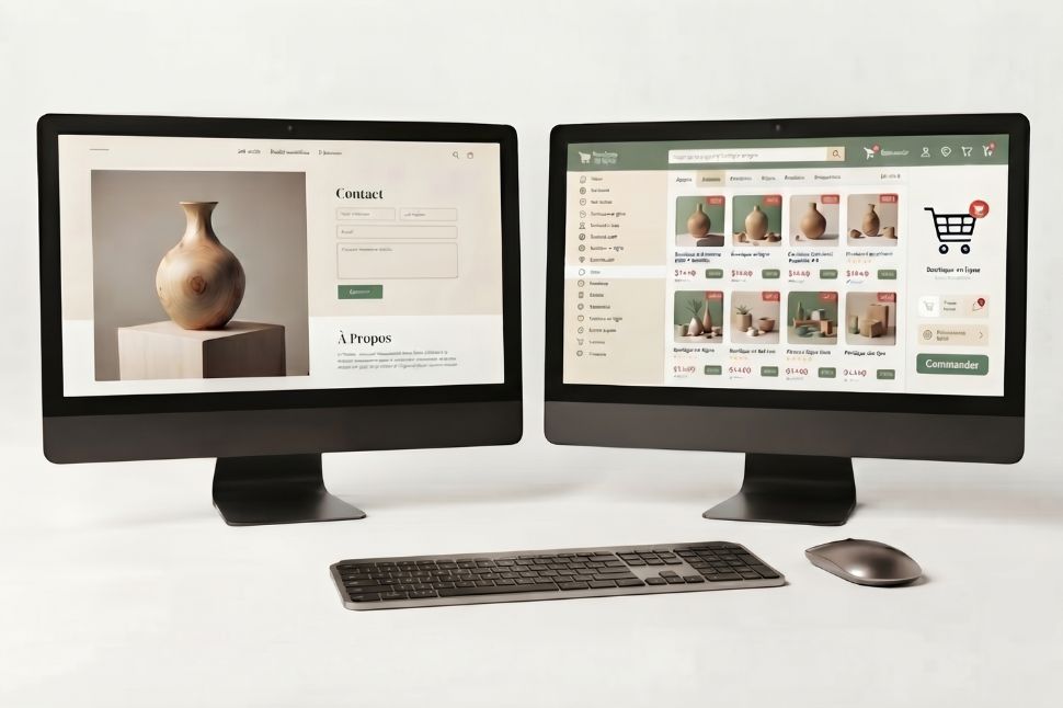 Deux écrans côte à côte affichant un site vitrine avec formulaire de contact et une boutique en ligne avec catalogue de produits et panier.