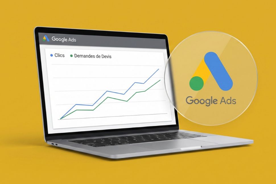 Ordinateur portable posé sur fond jaune affichant un tableau de bord Google Ads avec deux courbes ascendantes, l'une pour les clics et l'autre pour les demandes de devis.
