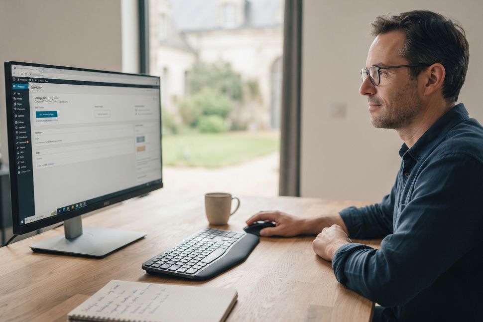 Squarespace. Un professionnel du numérique analyse sur grand écran les différentes options pour aider les artisans et TPE à choisir la solution adaptée à leur stratégie.