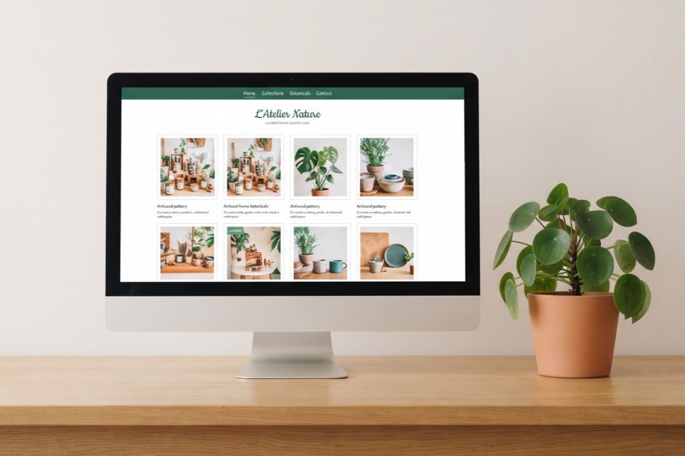 Écran d'ordinateur posé sur un bureau en bois affichant la page d'accueil d'un site vitrine, avec une étiquette de notation environnementale allant de A à G posée à côté.