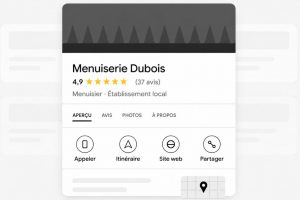 Fiche d'établissement Google d'un menuisier avec sa note, ses avis, les boutons d'appel et d'itinéraire, et sa localisation sur une carte.