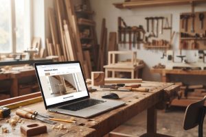 Site internet d'une entreprise de menuiserie affiché sur un ordinateur portable dans un atelier de bois.