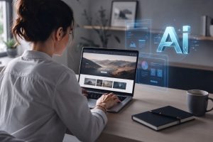 Créer son site avec ou sans IA : personne travaillant sur un ordinateur portable affichant un aperçu de site internet, avec le symbole IA en arrière-plan.