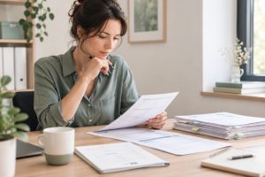 Dépassement du seuil de chiffre d'affaires en micro-entreprise. Micro-entrepreneure analysant son chiffre d'affaires et des documents financiers