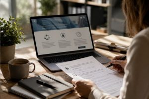 Mentions obligatoires sur un site internet : personne relisant un document légal près d'un ordinateur affichant une page mentions légales, confidentialité et cookies.