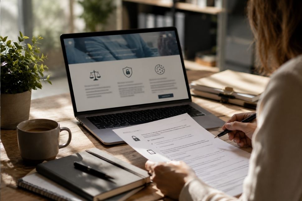 Mentions obligatoires sur un site internet : personne relisant un document légal près d'un ordinateur affichant une page mentions légales, confidentialité et cookies.