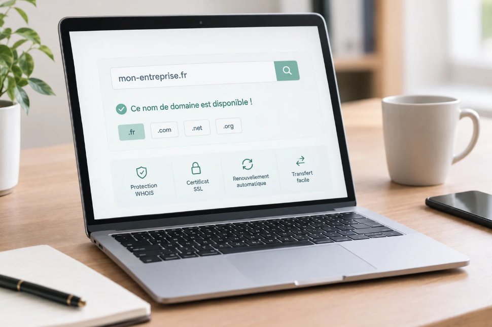 Écran d'ordinateur portable affichant une recherche de nom de domaine disponible avec les options de protection WHOIS, certificat SSL, renouvellement automatique et transfert