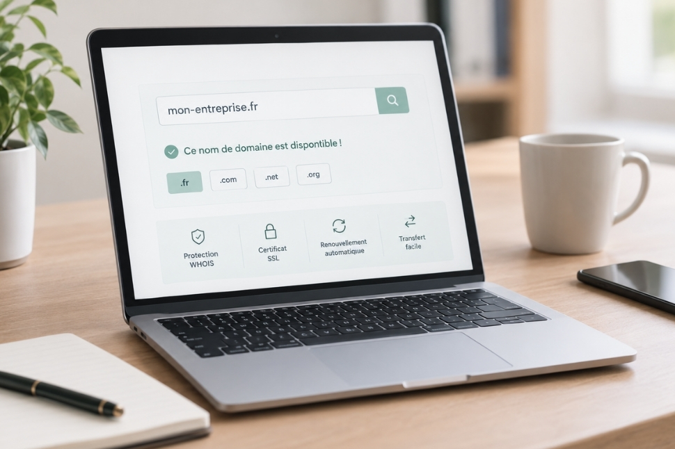 Écran d'ordinateur portable affichant une recherche de nom de domaine disponible avec les options de protection WHOIS, certificat SSL, renouvellement automatique et transfert