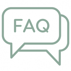 Icône représentant une bulle de dialogue avec le mot “FAQ”, utilisée pour introduire la foire aux questions.